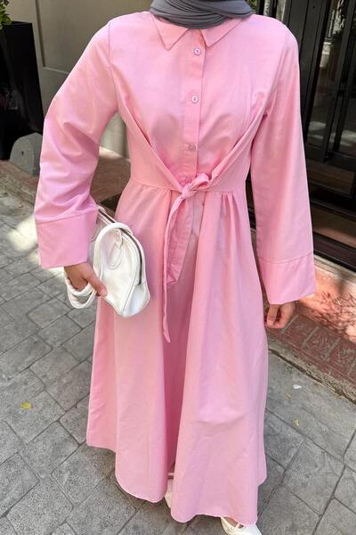 lamelif Front Tie Detailed Hijab Dress Pink