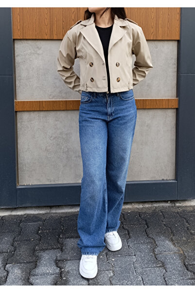 siyalife Kruvaze Yaka Kemerli Düğmeli Kısa Bej Trençkot