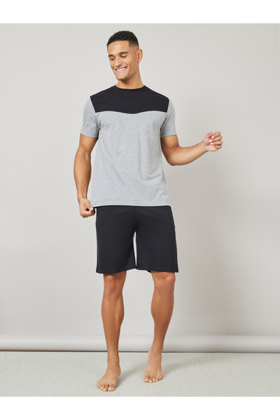 Styli Colorblock Melange T-Shirt and Solid Drawstring Shorts Set