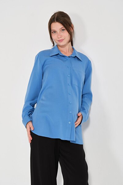 BUSA Maternity Front Buttoned Long Sleeve Shirt Blue