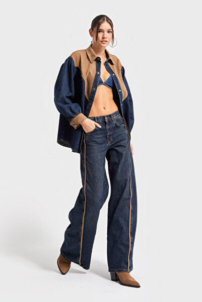 its basic Blugi pentru femei T.Kot Culoare 2w5-8 Palazzo Fit Detaliu din piele intoarsa cu dungi laterale Lungime interioara 80cm 100% Koton Denim Jean
