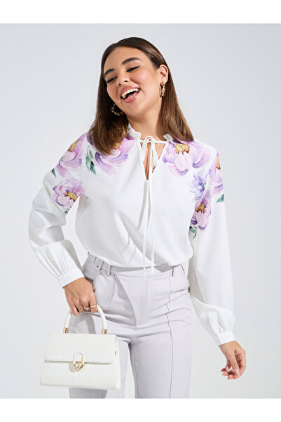Styli Floral Placement Print Tie-Up Neck Blouse
