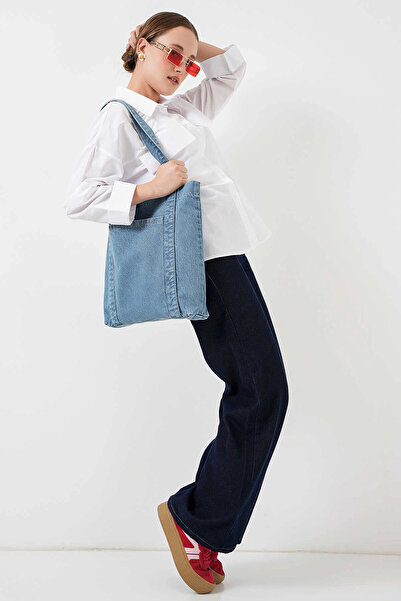 hazelin Geantă de umăr pentru femei, din denim albastru, cu dungi, cu buzunare, HZL25S-BD10221