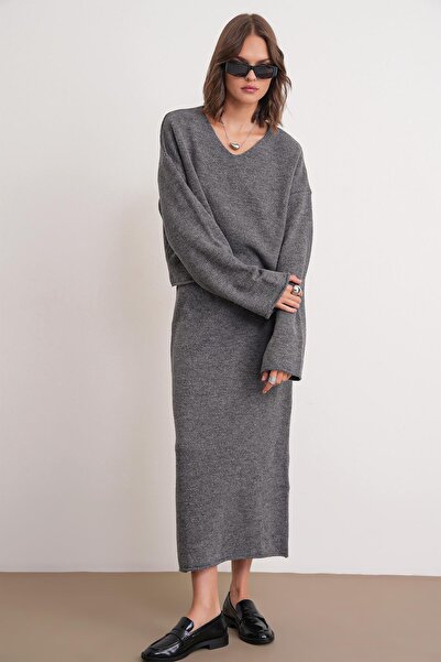 Mixray 6961 Women's Knitwear Sweater Skirt Set Anthracite