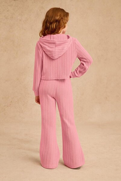 MORNİNG KİDS Anne-Kız Kombini Pembe Fitilli Kumaş Kapşonlu Sweatshirt İspanyol Paça Pantolon Takım-ADET FİYATIDIR