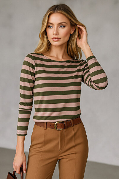 Rich Γυναικεία ριγέ βασική μπλούζα - Πράσινο ροζ - Καθημερινό άνετο και κομψό συνδυασμό - Νέα σεζόν τάση