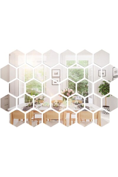 eZmart Set of 32 acrylic adhesive mirrors, hexagonal pattern, side 9.3 cm, silver,