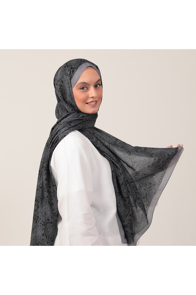 ipekistanbul Pamuk İpek Şal - Mandala Desen - Siyah Füme