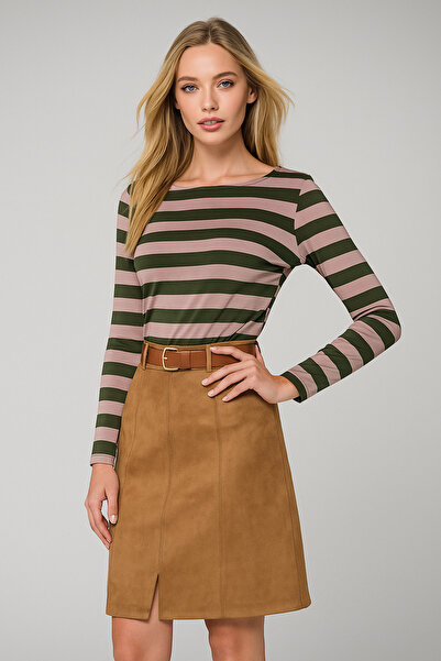 Rich Γυναικεία ριγέ βασική μπλούζα - Πράσινο ροζ - Καθημερινό άνετο και κομψό συνδυασμό - Νέα σεζόν τάση