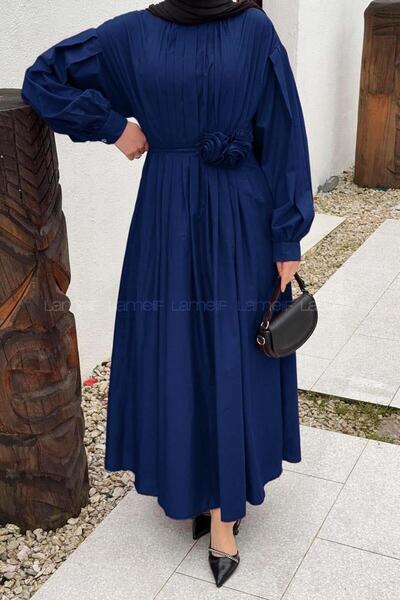 lamelif Φόρεμα ποπλίνας με πλισέ σε μπλε ναυτικό χρώμα