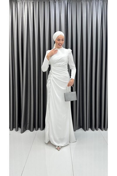 MERVE TESETTÜR Dikine Şeritli Bel Drapeli Kuyruklu Saten Abiye