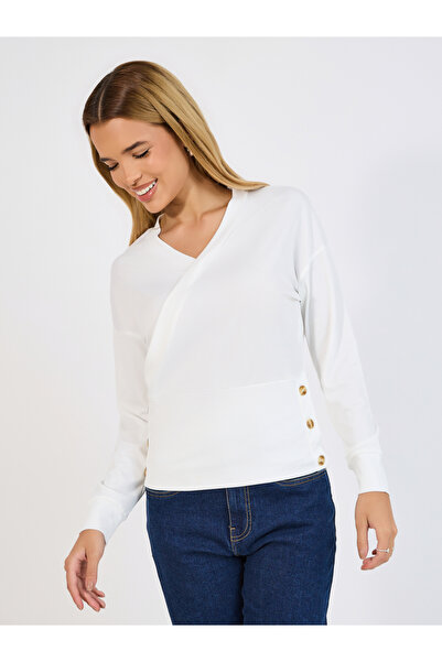 Styli Side Button Detail Wrap Front Knit Top