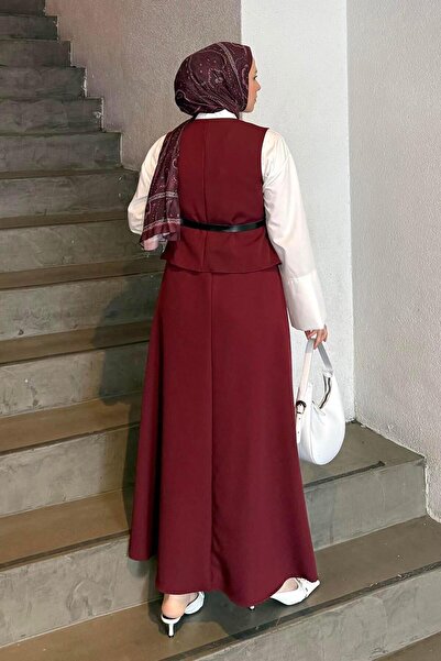lamelif Buttoned Skirt-Vest Hijab Double Set Burgundy