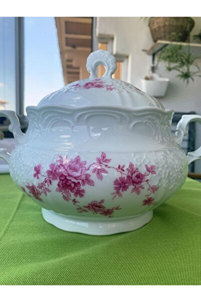 Bavaria Antika Pembe Çiçek Desenli ve Rölyefli Shabby Chic Zarif Alman Porselen Tencere
