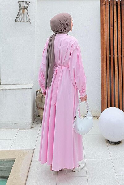 lamelif Φόρεμα ποπλίνας με πλισέ σε ροζ καραμέλα