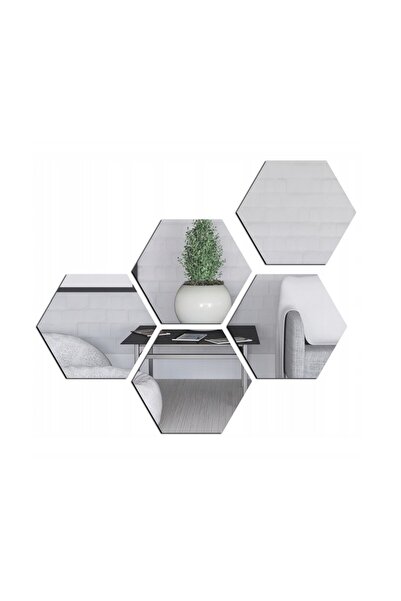 eZmart Set of 5 self-adhesive acrylic mirrors, hexagonal pattern, Side 9.3 cm, silver