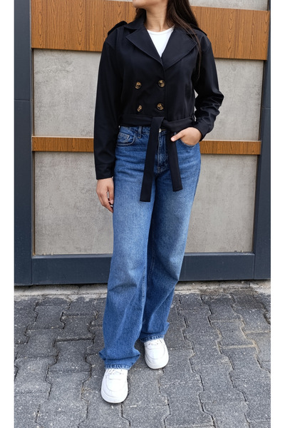siyalife Double-Breasted Collar Belted Buttoned Short Black Trench Coat