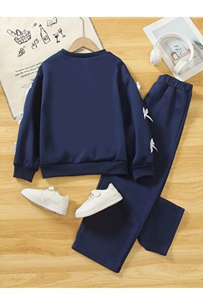 MORNİNG KİDS Kız Çocuk Lacivert Kurdele Detaylı Sweatshirt-Bol Kesim Eşofman Takım