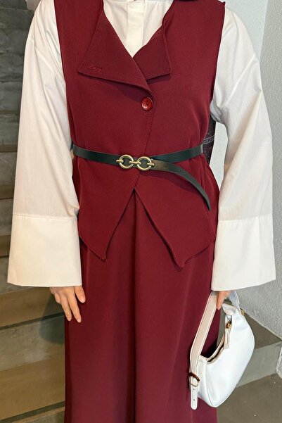 lamelif Buttoned Skirt-Vest Hijab Double Set Burgundy
