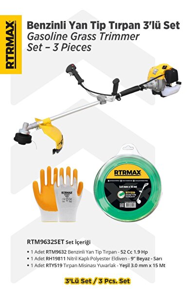 Rtrmax RTM9632SET Benzinli Yan Tip Tırpan 3'lü Set -Eldiven-Tırpan Misinası