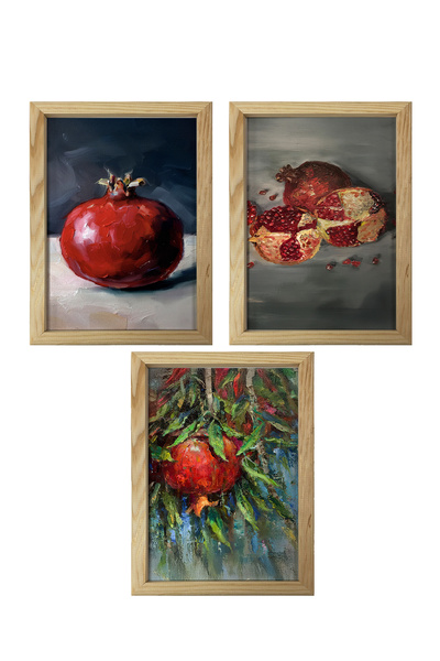 AND Ahşap Çerçeveli Nar Temalı Tablo Üçlü MDF Poster Tablo Duvar Dekoru (21x30 cm)