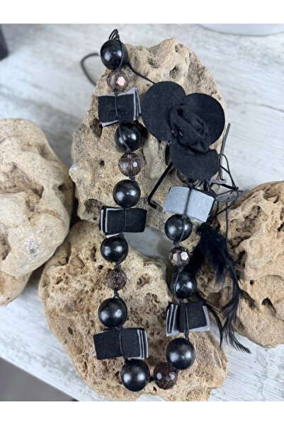 SEDEF TAKI Siyah iri boncuklu uzun kolye