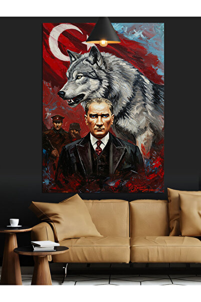 Tablo Mega Kurt Ve Bayrak Önünde Mustafa Kemal Atatürk Dekoratif Kanvas - Mdf...