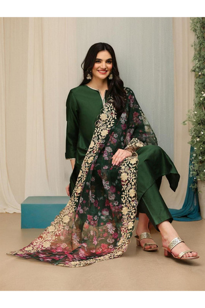 Ishin By Styli Women Dark Green Kurta with Trousers and Dupatta Set