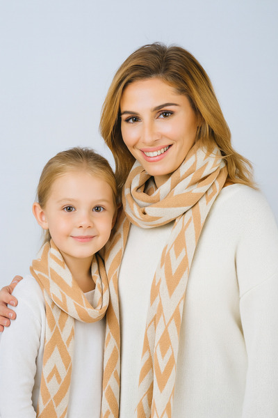 Sebir Moda V Patterned Double-Sided Knitwear Mother-Child Set Scarf (40X180Cm and 30X140Cm)