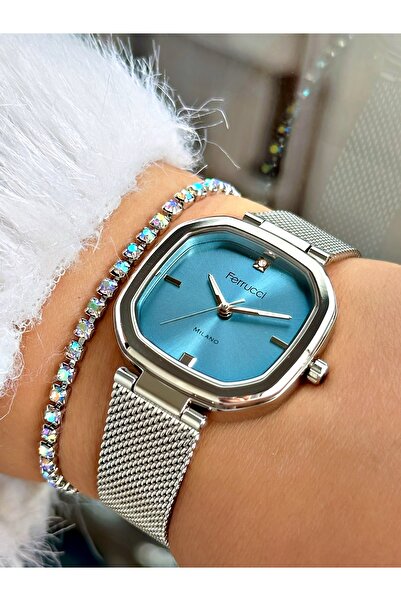 Ferrucci Square Silver Women's Wicker Wristwatch with Blue Dial