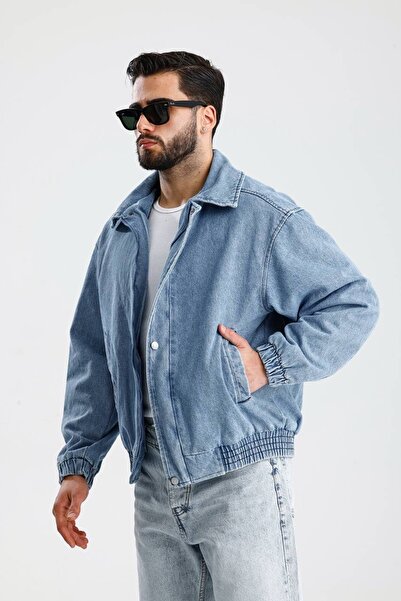 İLKCET MODA Premium Mavi Fermuarlı Kot Oversize Bomber Ceket