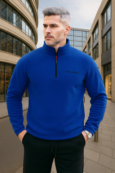 COMBİNE MİCHAİL Erkek Yarım Fermuarlı İndigo Dar Polar Sweat