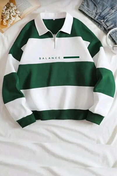 NO 601 Φούτερ Unisex πράσινο-λευκό με μισό φερμουάρ και στάμπα με ισορροπία με όρθιο γιακά