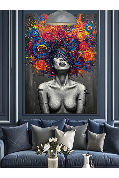 KanvasSepeti Woman Portrait with Colorful Hair Oil Painting Textured High Quality Canvas Canvas Painting 90 X 60 cm