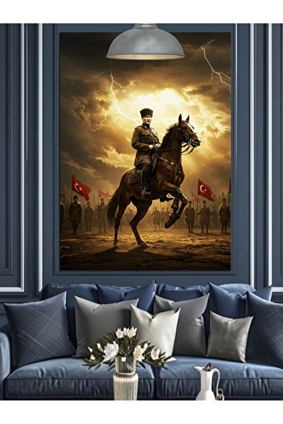 Artmeg At Üstünde Mustafa Kemal Atatürk Dekoratif Kanvas - Mdf Ahşap Tablo