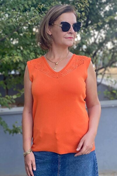 Mia Butik Women's Lina Orange Mercerized Sleeveless Blouse