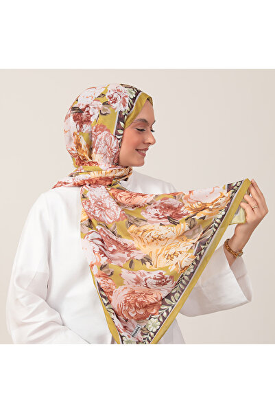 ipekistanbul شال من القطن والحرير - نقشة زهور - أخضر زيتوني