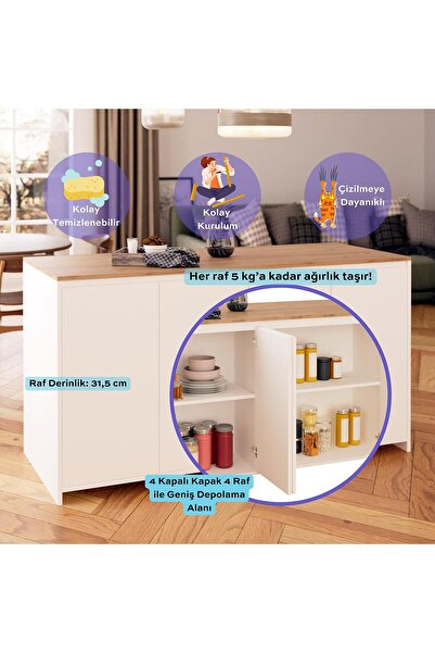 Bimossa Kahlo G4612 4Adet Sepet Tabure Mutfak Ada 160cm Sepet Üst Beyaz Bar Masa Kahve Köşesi Saklama Dolabı