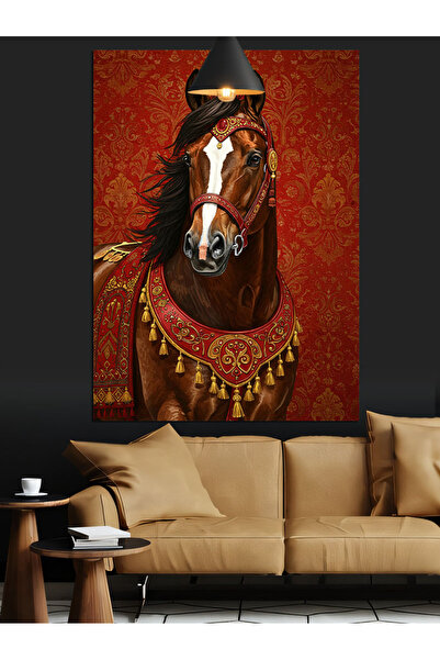 Tablo Mega Süslü Eyerli Kahverengi At Dekoratif Kanvas - Mdf Ahşap Tablo