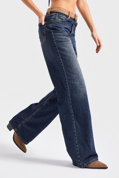 its basic Blugi pentru femei T.Kot Culoare 2w5-8 Mid Rise Wide Leg Fit Detaliu curea din piele intoarsa Lungime interioara 83cm 100% Koton Denim Jean