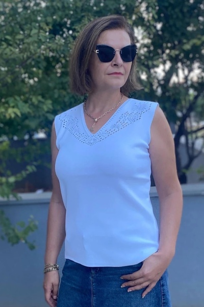 Mia Butik Women's Lina White Mercerized Sleeveless Blouse