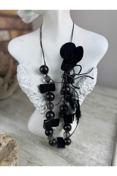 SEDEF TAKI Siyah iri boncuklu uzun kolye