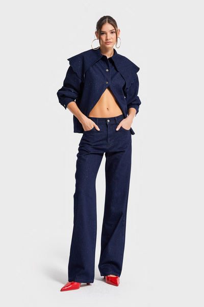 its basic Women's Laci Indigo Color 7W5-50 Loose Fit Shiny Stone Detailed Inner Length 80cm Special Design Denim Jean