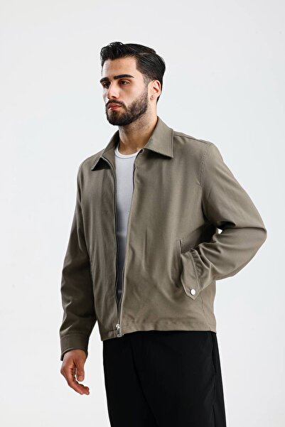 İLKCET MODA Ανδρικό εποχιακό μπουφάν με φερμουάρ με ένα γιακά χακί