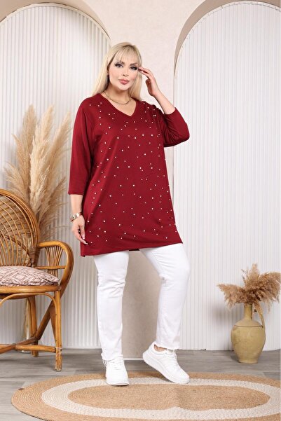 EMEZ Burgundy Blouse with Pearl and Stone Detailing