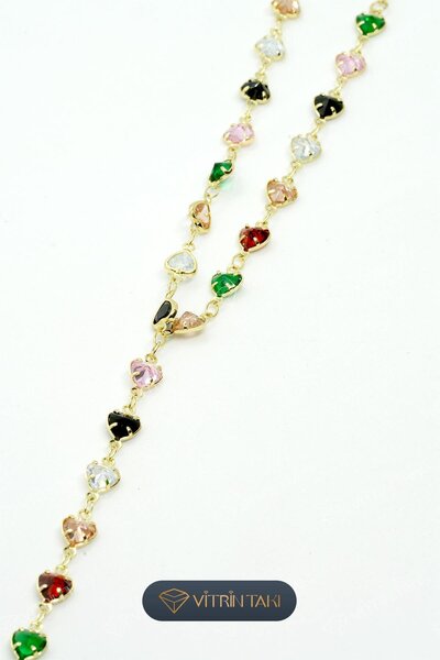 Çelik Renkli Taş Detaylı Altın Renk Y Kolye