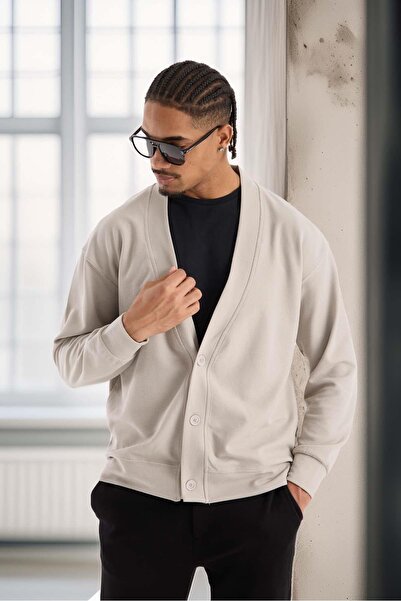 Valiberta Potter Dokulu Selanik Kumaş Oversize Basic 3 Düğmeli Erkek Hırka - Mineral Gri