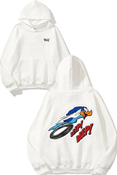 THEWERT Hanorac alb cu glugă cu imprimeu în spate Beep Beep Design