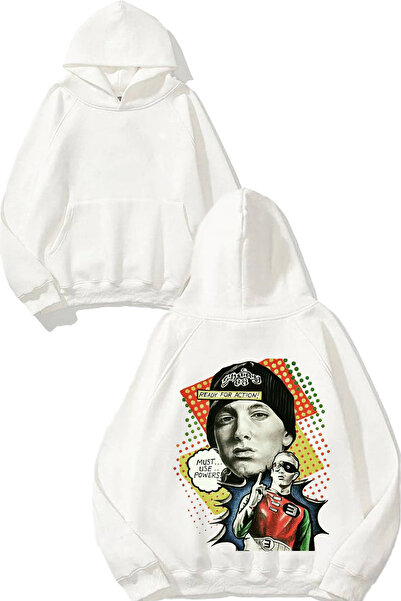 THEWERT سويت شيرت أبيض بقلنسوة مطبوع عليه تصميم Eminem 1 على الظهر