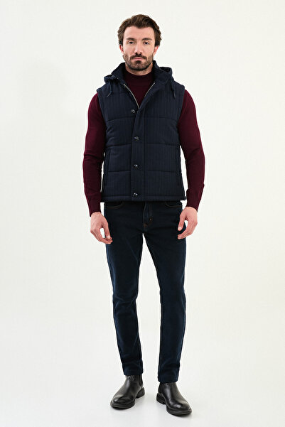 Mcr Striped Slim Fit Hooded Puffer Men's Vest Navy Blue - 40950.25K